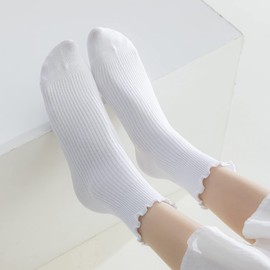 Mcool Mary Womens White Ruffle Socks 10 Pairs,Casual Cute Ankle Socks Comfy Breathable Cool Knit Cotton Crew Frilly Sock for Women