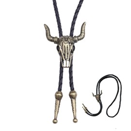 Bolo Tie,Mens Leather Necklace,Bronze Colour Alloys Cow Head Pendant,Men Leather Necklace Cord Cowboy Necklaces Cowgirl Accessories,Handy Making Braided Black Rope,for Men's Jewellery Boy Craft Gift