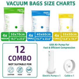 Travel Vacuum Storage Bags with Portable Electric Pump, 12 Pack Travel Vacuum Bags for Clothes, Vacuum Seal Compression Bags for Luggage and Suitcase