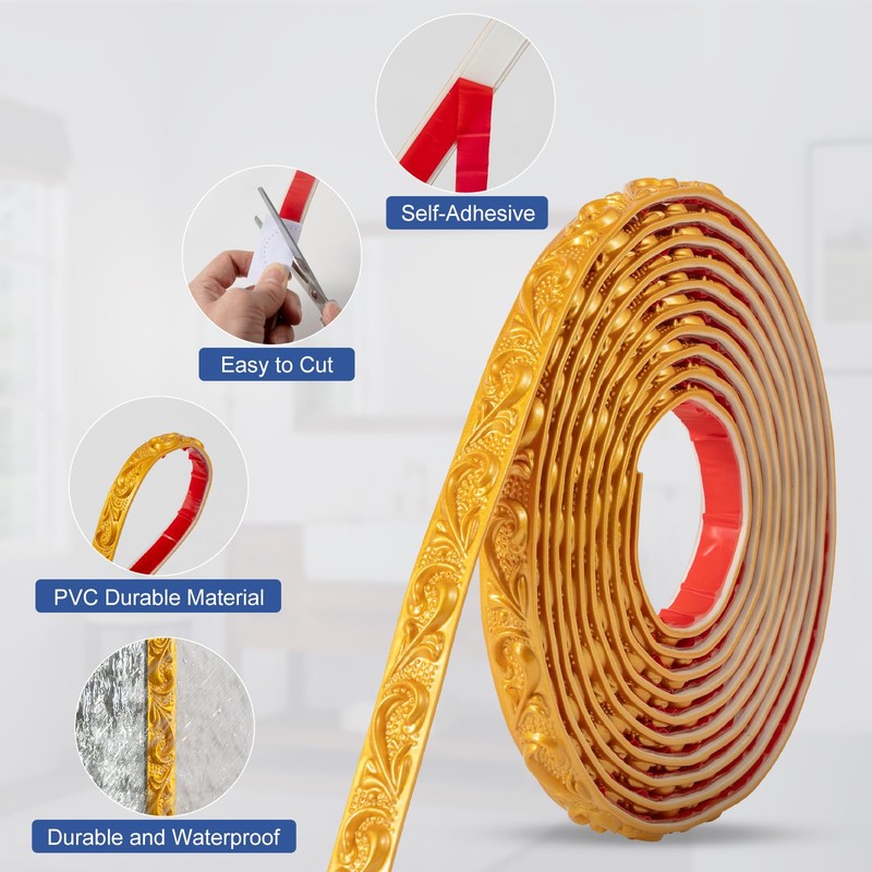 KIJOU 0.79 inch x65.6ft Gold Peel and Stick Crown Molding