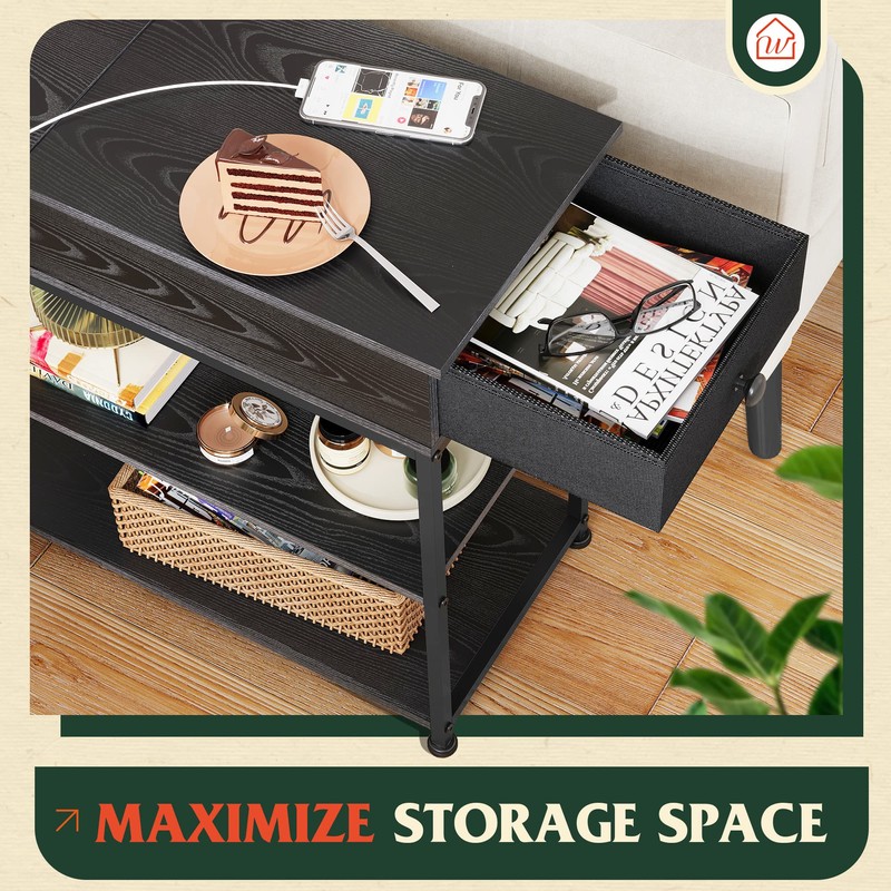 WLIVE Narrow Side Table with 2 USB Ports and 2