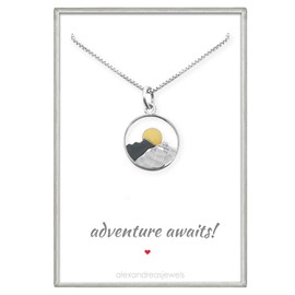 Sterling Silver Mountain Range and Bronze Sun Necklace, Mountain Necklace for Women, Travel Necklace, Outdoors Necklace (20 inches + 2-inch extender)