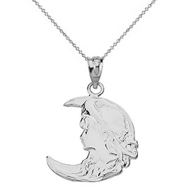 Sterling Silver Art Nouveau Crescent Moon & Lady Pendant Necklace, 22"