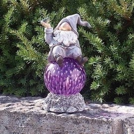 Roman, Garden Gnome, Solar LED Garden Décor, 11" H Garden Statue. Outdoor Gift, Purple Gnome with Bluebird