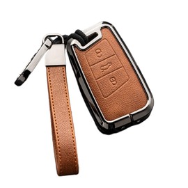 Happyit Zinc Alloy Leather Car Key Cover Cases for Volkswagen VW Passat B8 Arteon CC Magotan B5 Jetta Skoda A7 Variant 3 Buttons (Brown+Grey)