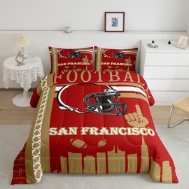 Feelyou Football Bedding Set Boys Girls San Francisco Comforter Set Queen Size American Football Gifts for Football Fans Women Men Football City Comforter Rugby Sports Duvet Set Brown Red Room Decor