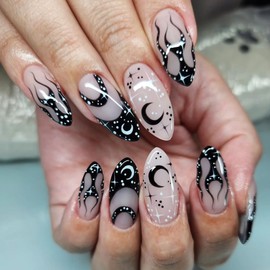 AkiliBIELY Almond Press on Nails Medium Black White Bare Star Moon Flame French Tip Fake Nails Women Glue on Nails Acrylic Gel Stick on Nails Fantasy Classy Pretty False Nails Wedding Birthday