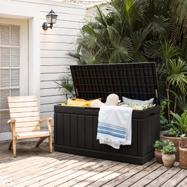 Flamaker Outdoor Storage Box 85 Gallon Resin Waterproof Deck Box Delivery Box with Wood Texture Large Storage Bin for Patio Cushions (Black)