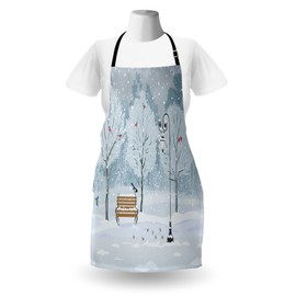 Ambesonne Christmas Apron, Snow Falling in The Park on a Cold Winter Day Birds Xmas Season Theme Picture, Unisex Kitchen Bib with Adjustable Neck for Cooking Gardening, Adult Size, White and Blue