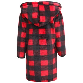 BAOPTEIL Kids Hooded Bathrobe Girls Plush Hooded Flannel Robe Boys Soft Bathrobe Sleepwear（Red Plaid，7-8 Years）