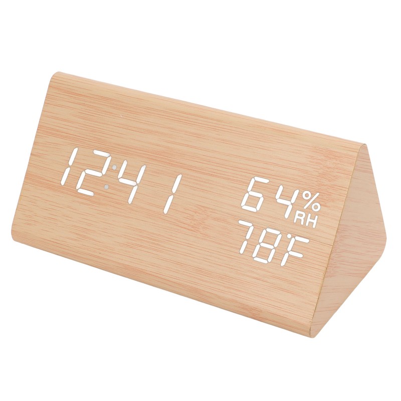 Triangular Digital Wooden Clock Time Date Temperature Humidity Display Alarm