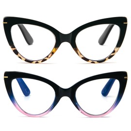 MMOWW Cat Eye Reading Glasses for Women - 2 Pairs Fashion Cute Blue Light Blocking Readers, Black Tortoise/Blue Pink +2.0