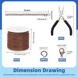Glarks 102Pcs 30 Feet Jewelry Chains Set Ancient Red Copper Cable Link Chains Link Rolls Bulk Twisted Links Chain Necklace Jewelry Making Chains with Lobster Clasps and Jump Rings