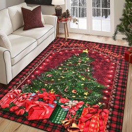 FRAMICS 5 × 7 Christmas Rug, Christmas Tree Area Rug Red and Black Buffalo Plaid, Washable Non Slip Carpet Mat Indoor, Christmas Area Rugs for Bedroom Living Room Laundry Room, Holiday Home Decoration