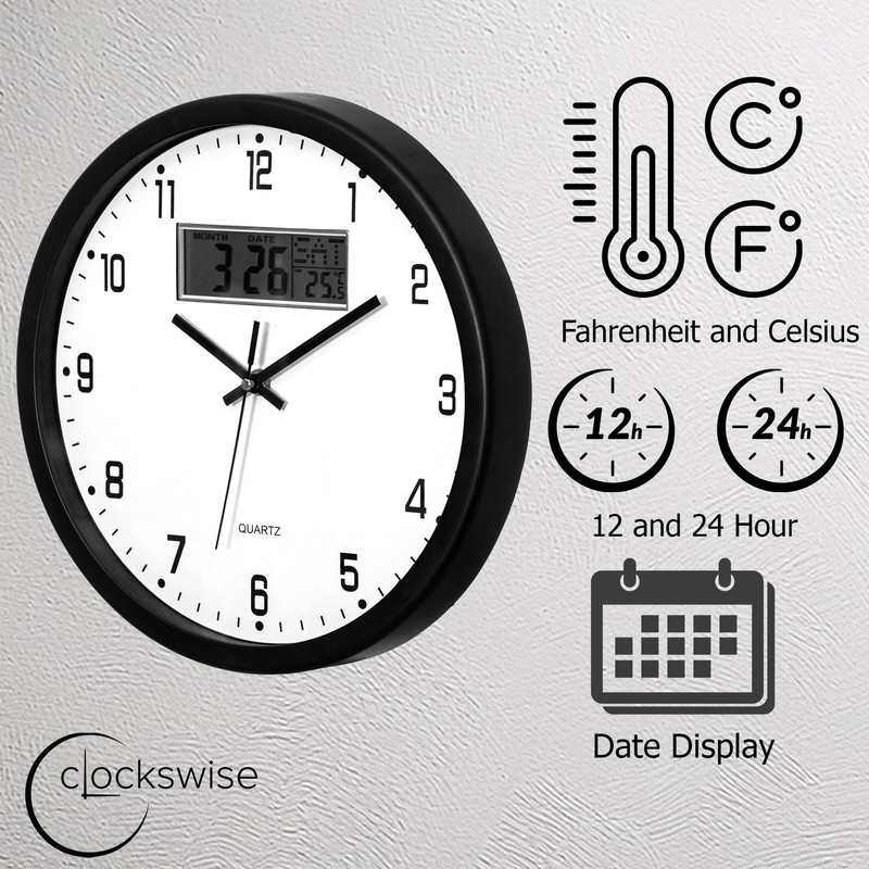Clockswise 14-inch Wall Clock, Non-Ticking Analog & Digital with Temperature