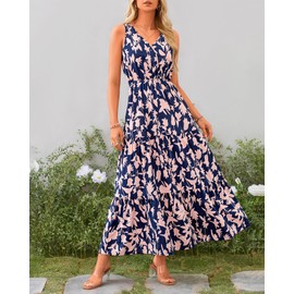 BTFBM Women Summer Dresses Casual Sleeveless Maxi Dresses Cute Floral Long Dress Wedding Guest Dress(Navy Pink Flower,Large)