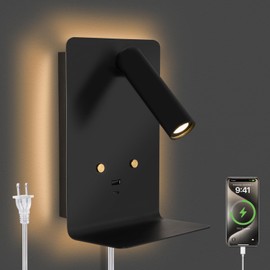 ZEROUNO LED Dimmable Wall Mounted Reading Light, Backlight Night Wall Lamp, Adjustable Headboard Plug in Wall Sconce with USB C+A Ports, LED Reading Light for Bedroom Bedside Lamps