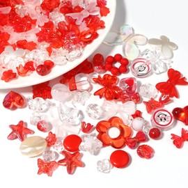 Forise 120pcs Acrylic Red Assorted Beads Mix random Style Candy Color Pastel Plastic Flower Beads for DIY Jewelry Making Bracelet Necklaces Phone Lanyard