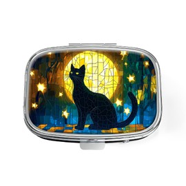 Pill Box, Small Pill Case for Purse & Pocket, Metal Decorative Pill Container, Cute Mini Portable Pill Holder to Hold Supplements, Vitamins, Fish Oil, BPA-Free(Moon Cat)