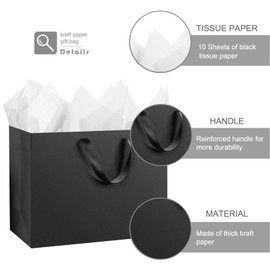 OfficceCastle 4 Pack Black Paper Bags, Extra Large 16x6x12 inch Gift Bags with Handles and 10 White Tissue Papers, Ideal for Weddings, Birthdays, Parties, Business (XL, 4pcs)