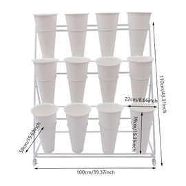 RustyVioum 3 Layers Metal Plant Stand, Indoor Outdoor Garden Flower Display Rack w/12*Buckets and Wheels for Patio Garden Living Room Florist Wedding Decorations, White…