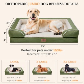 Comfort Expression M/L/XL/XXL Dog Bed Orthopedic Foam Light Green -Removable Cover & Smart Bolsters - 45"L x 35"W x 9"H