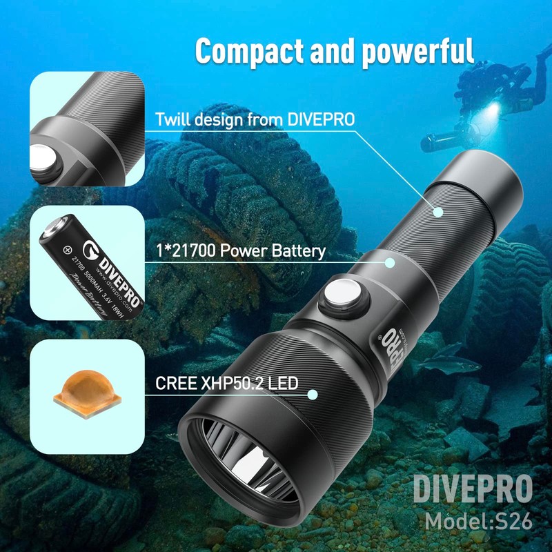 DIVEPRO S26 2600lm Compact Button Switch Diving Torch Underwater LED