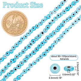 DICOSMETIC 4 Strands Evil Eye Beads Blue Evil Eye Beads Flat Round Eye Beads 4.5 mm Evil Eye Round Beads for Bracelets Necklace Jewellery Making, Bore: 0.6 mm (approx. 360 Pieces)