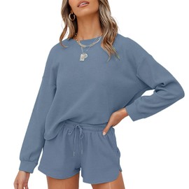 wkwmrpet Women's Waffle Knit Long Sleeve Top and Shorts Pullover Nightwear Lounge Pajama Set with Pockets