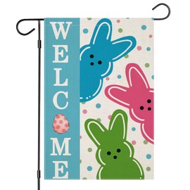 EKOREST Welcome Peep Easter Bunny Garden Flags 12x18 Inch Double Sided, Colorful Rabbit with Dots Small Seasonal Decoration for Holiday Anniversary Yard Outside Outdoor Decor