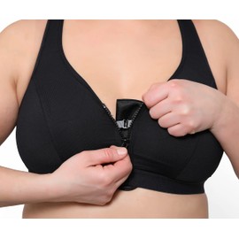 Women's Medium - High Impact Wirefree Zip Front Workout Gym Sports Bra (Black, 36G)