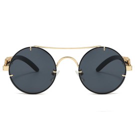 FLJMRAVER Vintage Round Sunglasses Gold Leopard Fashion Double Bridge Punk Shades for Men Women (Gold Frame Black Grey Lens)