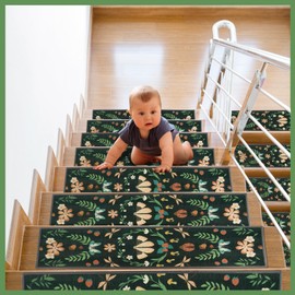 Mightree Non Slip Stair Treads for Wooden Steps - 15-Pack 8" x 30" Reusable TPE Adhesive Backing, Residue Free Stair Runner Carpet for Kids, Elders, Pets, Indoor, Dark Green
