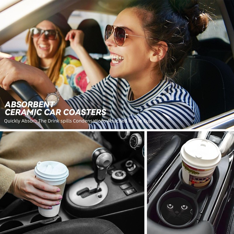 Cute Black Cat Car Coasters for Drinks Absorbent, 2 Pack