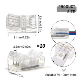 20 Pieces 4-Pin 10mm LED RGB Strip Connector, Transparent Solderless LED Linghting Adapter, Quick Connector Extension Terminal for LED Strip Lights, Gapless Track Lighting Connectors (Clear)