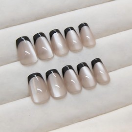 Nailsculpt Press On Nails -Coffin Cat Eye Black French Tip Fake Nails with Glaze Finish | Salon Quality | 24 nail kit -12 Sizes with 48 Jelly tabs| Reusable Durable Easy-Removal False Nails