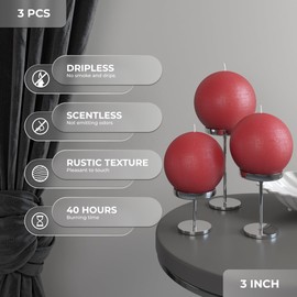 CANDWAX Candle Set of 3 Round Candles - 3 x 3 Inch Bordeaux Unscented Long Burning Dark Red Candle Set of 3 - Perfect for Christmas Decoration, Wedding Decor, Home Decorations & Any Event