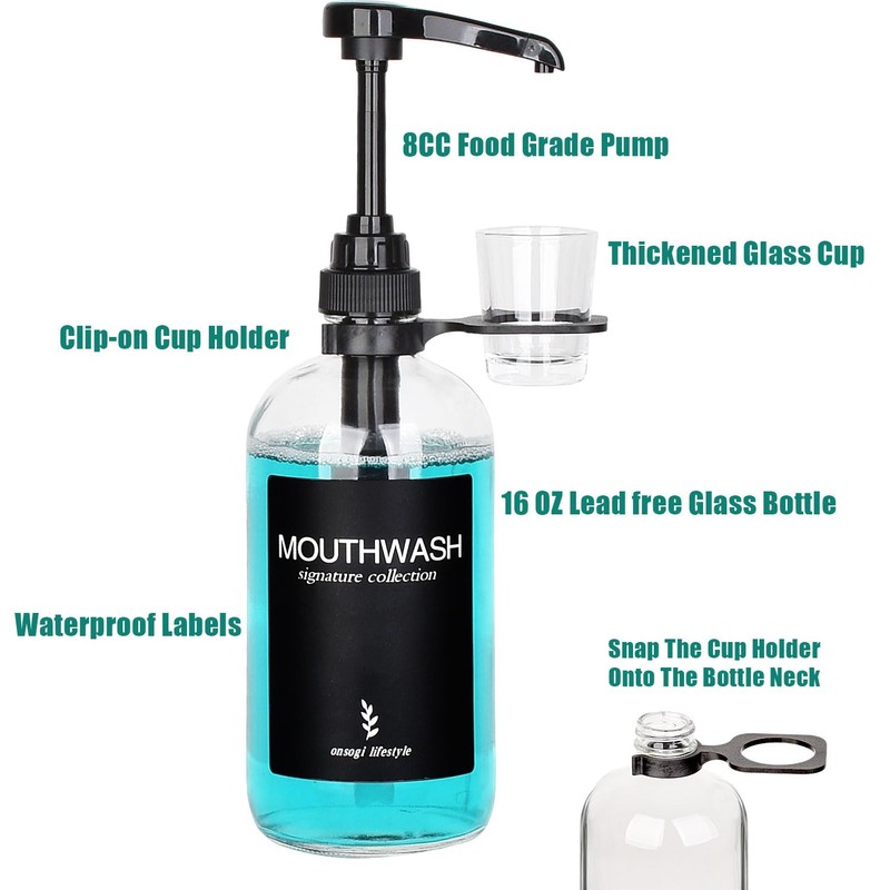 Onsogi Clear Glass Mouthwash Dispenser with Black Cup Holder and