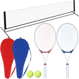 RoundFunny 10 FT Mini Portable Tennis Net with 27" Tennis Rackets for Adult Recreational 2 Players Lightweight Tennis Racket with 2 Tennis Balls for Training Beginners with Overgrips Carry Bag