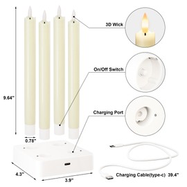Rechargeable Flameless Taper Candles, Real Wax 9.6 Inch LED Candlesticks with Remote, flickering Ivory Battery Operated Candles with Charging Station for Home, Holidays, Weddings, Party Decor, 4 Pack