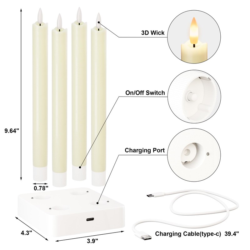 Rechargeable Flameless Taper Candles, Real Wax 9.6 Inch LED Candlesticks