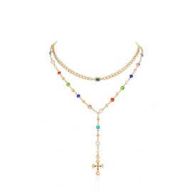 GRUOR 2PCS Gold Cross Necklaces for Women Trendy,Bohemian Colorful Crystal Chain Y Long Pendant Necklace Set,Vintage Cross Necklace Stack Adjustable Length