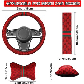 KANYO-AUTO Steering Wheel Cover for Women with 2 Car Headrest Pillow and 2 Seat Belt Cushions Shoulder Pads Universal fit 14 1/2"-15" Steering Wheel (Red)