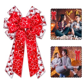 Blinket Large Wreath Bow, Large Red White Plaid Burlap Bow with Heart Decorations, 11.42"x20.87" Bow for Wreath Tree Topper Wedding Party Indoor Outdoor Romantic Home Decor