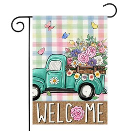 Welcome Spring Garden Flag 12.5 x 18 Inch Truck with Floral Decorative Double Sided Burlap Flag For Seasonal Farmhouse Yard Outdoor Decor