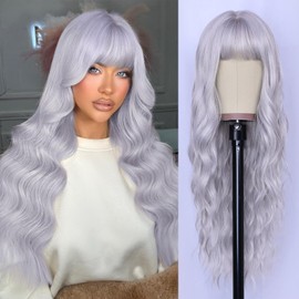 NAYOO Gray Wigs with Bangs - Long Curly Wavy Synthetic Fiber Wigs for Daily Party Use - Heat Resistant - 24 Inches (Silver Gray)
