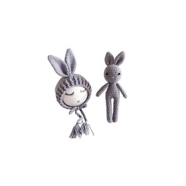 Matissa Newborn Baby Crochet Knit Costume Photography Prop Baby Bunny Hat and Doll Set (Grey)