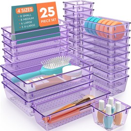 SpaceHacks 25 PCS Plastic Drawer Organizer Set, 4-Size Versatile Organizer Trays & storage Bins for Makeup, Jewelry, and Gadgets in Bathroom, Bedroom and Office, Purple