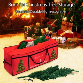HikooLSS Christmas Tree Storage Bag 12 Ft Tall Tree Container/Holder Heavy Duty Oxford Dual Mesh Pockets,Moistureproof,Extra Large Christmas Tree Box for Big Xmas Tree Wide Opening Red(65X23X27in)