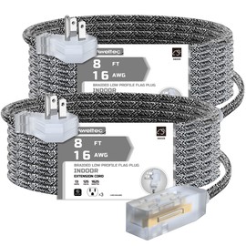 AWELTEC 2 Pack Extension Cord 8 FT with Braided Low Profile Flat Power, 3 Power Outlets, 16/3 SPT-2 UL Listed, Black/White